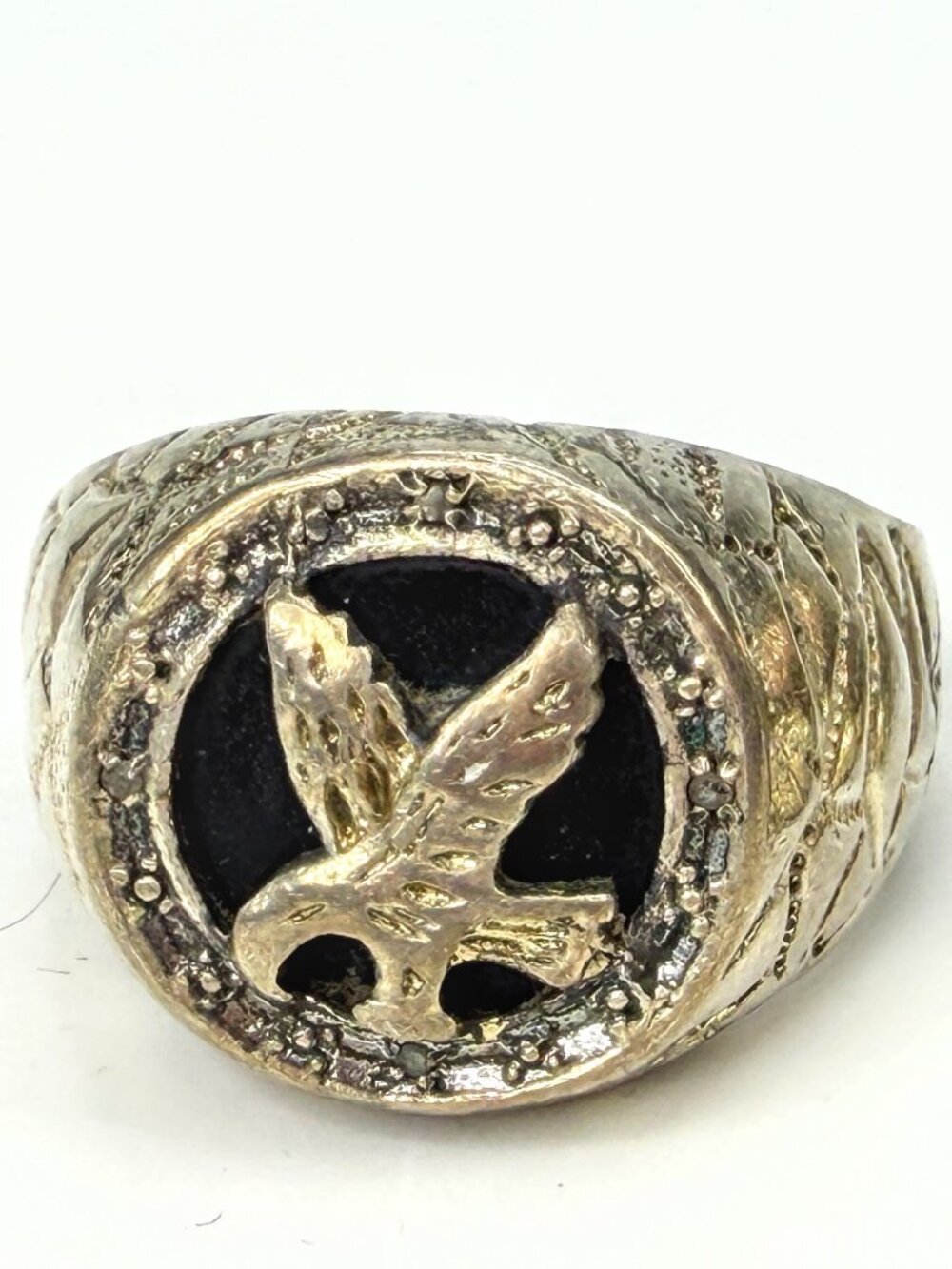 Vintage 925 Sterling Silver Carved Eagle Onyx Signet Ring Size 12 JR1964